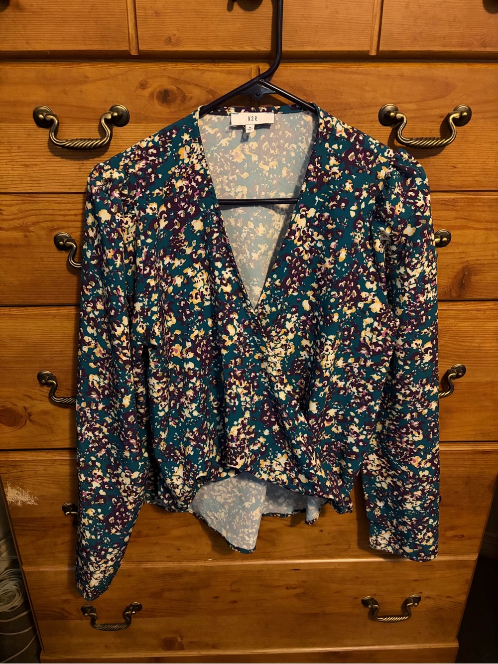 NSR Teal Floral Wrap Blouse with Purple and Cream Accents
